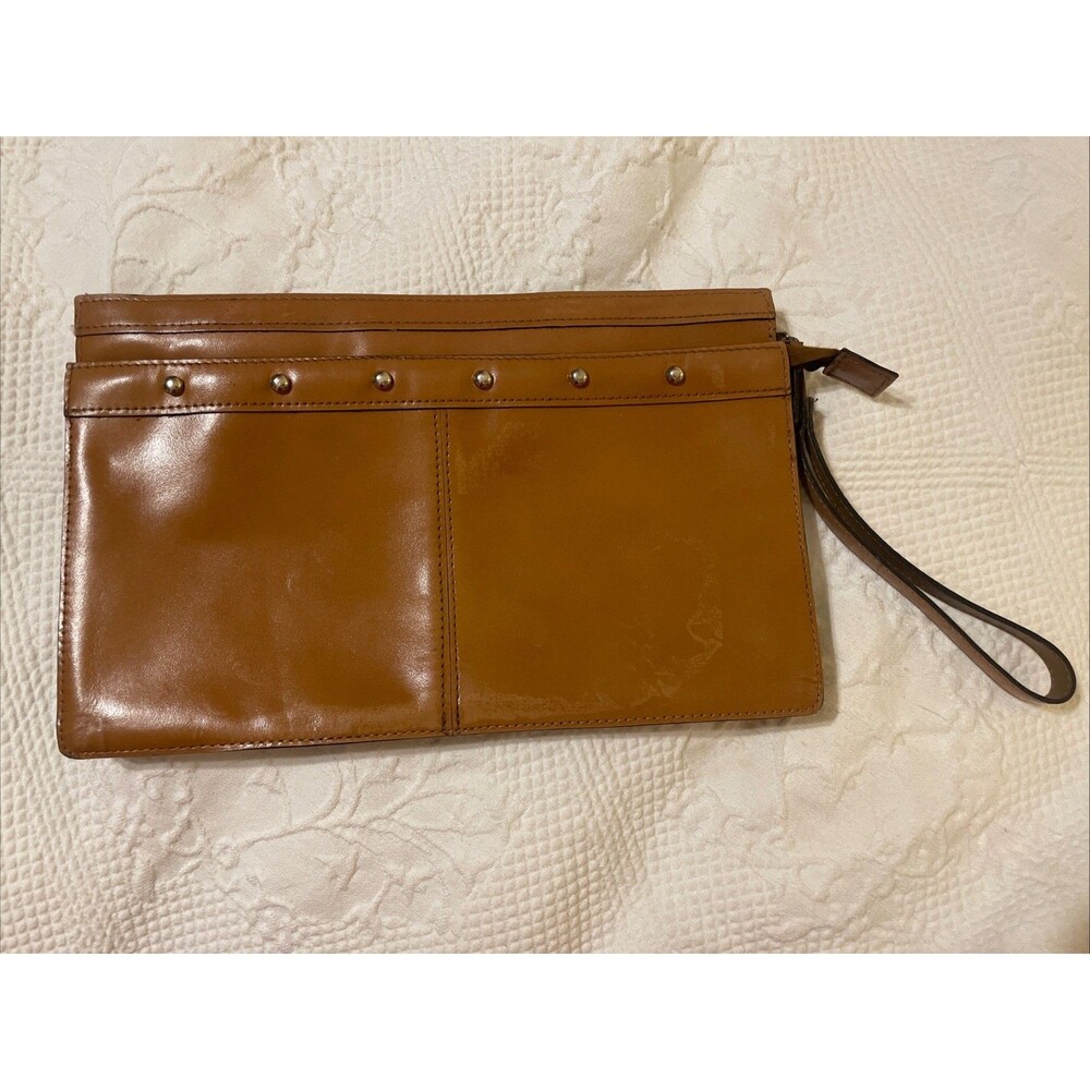 Vintage Large Polished Leather Wristlet Clutch Studded Tan Double Zip 1970’s